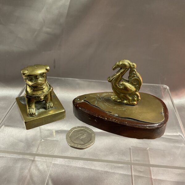 Vintage brass Foo Dog seal on a base, Chinese collectible.