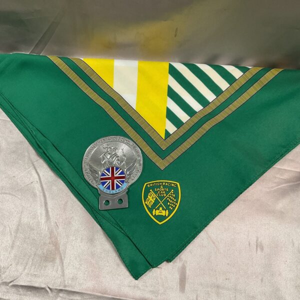 Vintage BRSCC silk scarf and St Christopher badge for car enthusiasts.