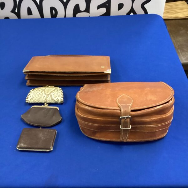 Vintage leather handbags and purses lot, antique fashion accessories.