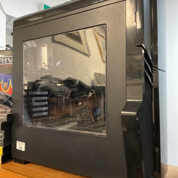 Black gaming PC tower with GeForce GTX 1050ti graphics card.