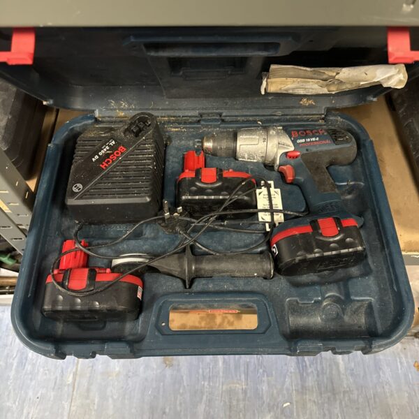Bosch GSB 18 VE-2 cordless drill in open carrying case.