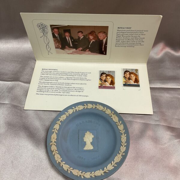 Vintage Wedgwood dish and Royal Wedding stamp, commemorating Harrison’s.