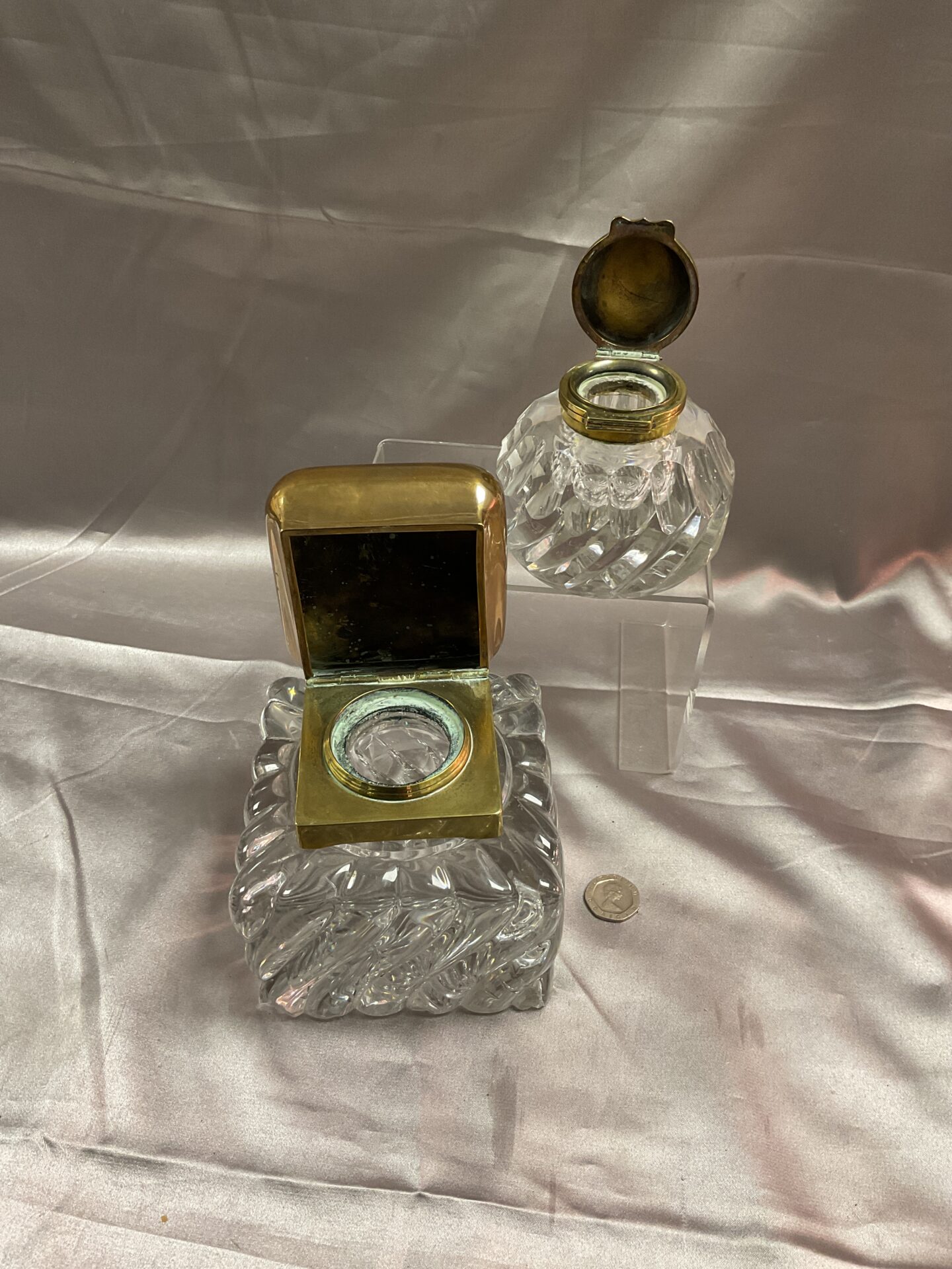 910 Two heavy cut glass brass lidded Ink wells