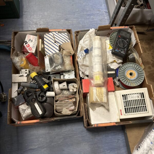 Mixed shed clearance lot with electrical fittings and tools.