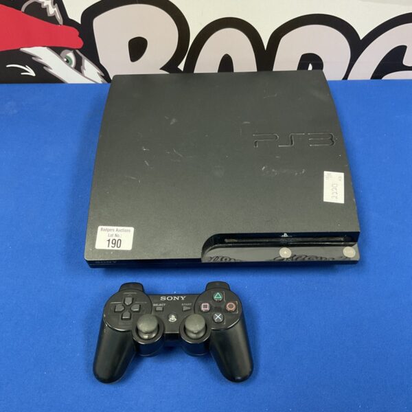 Black Sony PlayStation 3 console with a controller included.