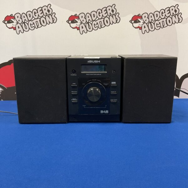 Front view of a silver Bush mini hi-fi system with CD player and DAB radio.