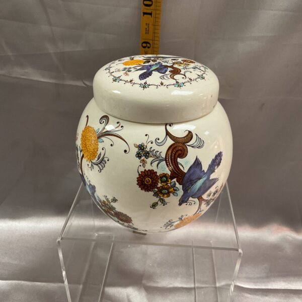 Vintage Sadler ginger jar with blue bird design, collectible pottery.