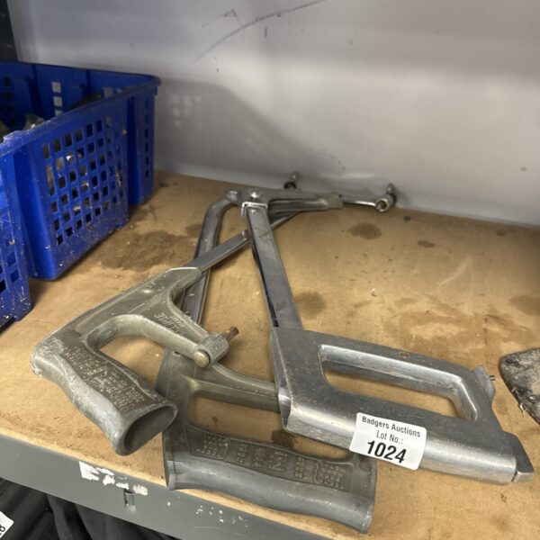 Three vintage hacksaw bodies for metalworking and DIY projects.