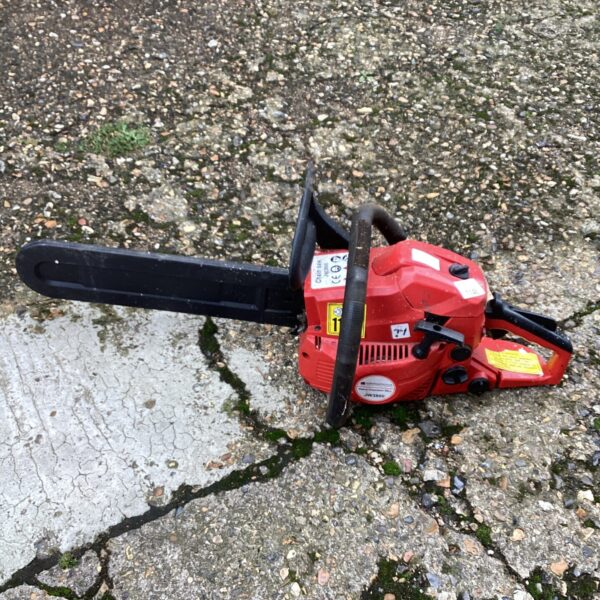 Red and black JW3800 petrol chainsaw for garden use.