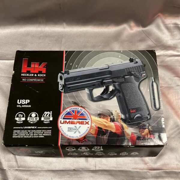 Heckler & Koch USP airgun in original packaging, CO2 powered replica pistol.