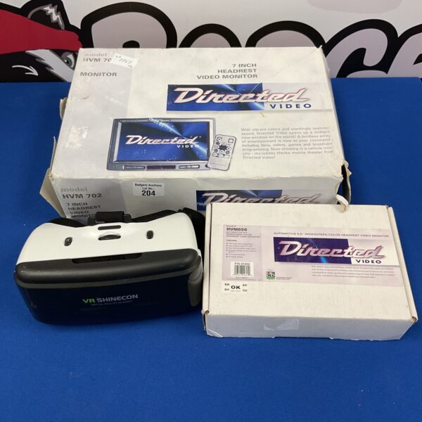 Directed 7” headrest DVD player with VR Shinecon headset for car entertainment.
