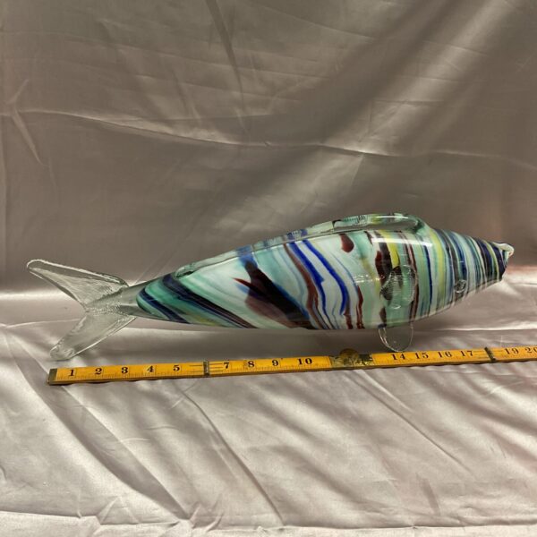 Vibrant 19” Murano glass fish sculpture with blue and green swirls.