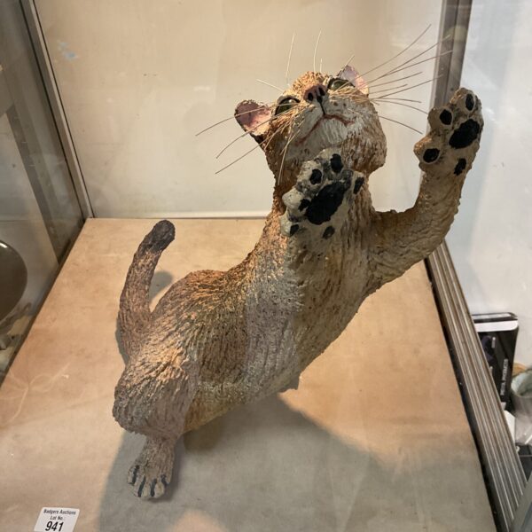 Whimsical paper mache cat sculpture “Reaching” by A Flory.