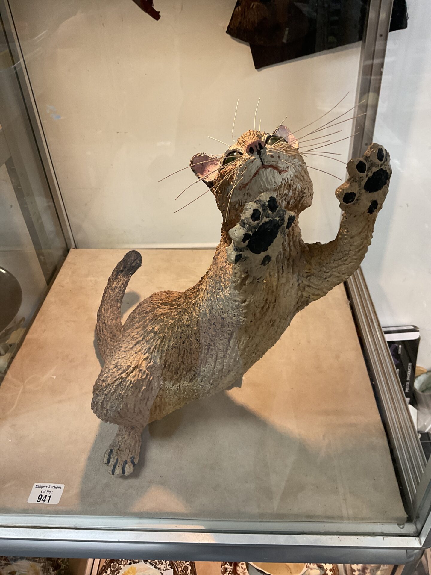 941 Paper mache 20” cat sculpture by A Flory entitled reaching