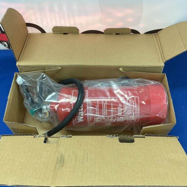 New red 3L water fire extinguisher still in its original packaging.