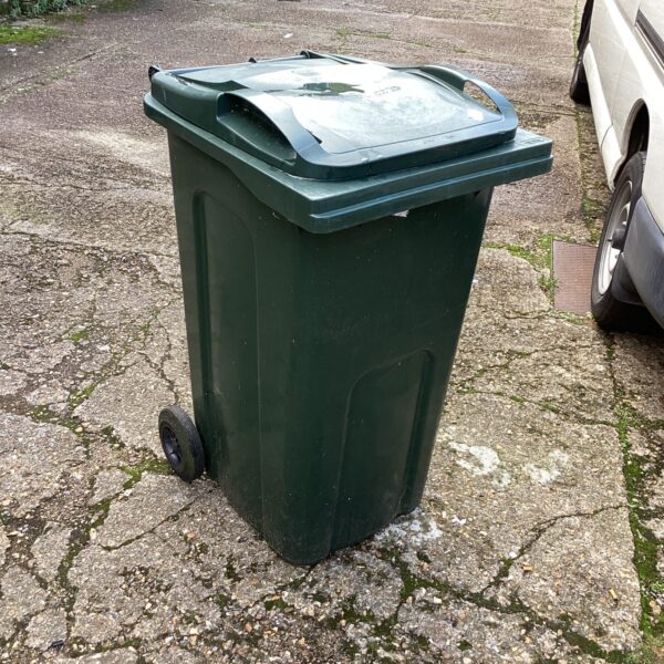 Large green wheelie bin in a garden setting.