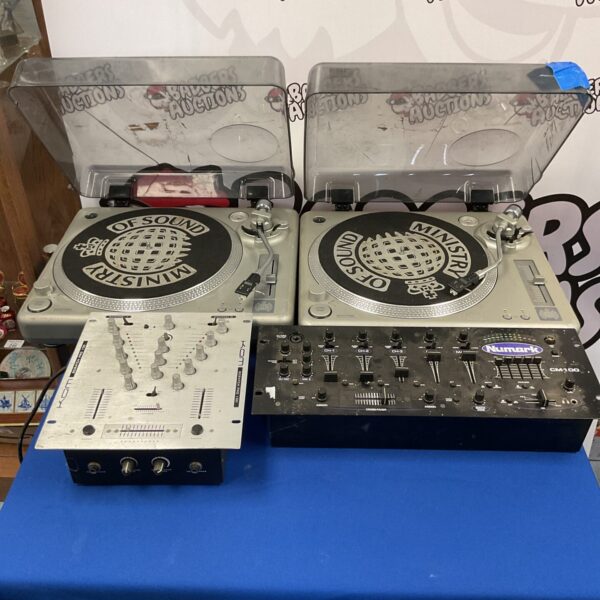 Ministry of Sound TT1000 turntables with Numark CM100 DJ mixer setup.