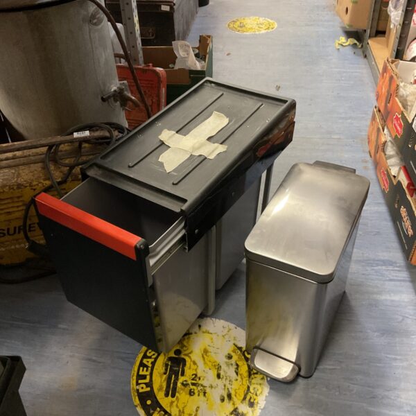 Recycling bin set with stainless steel bin for waste separation.