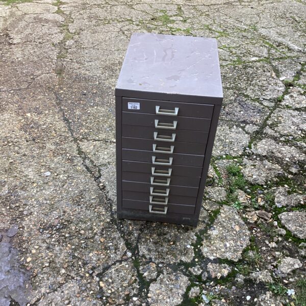 Vintage metal engineers chest with ten drawers for tool storage.