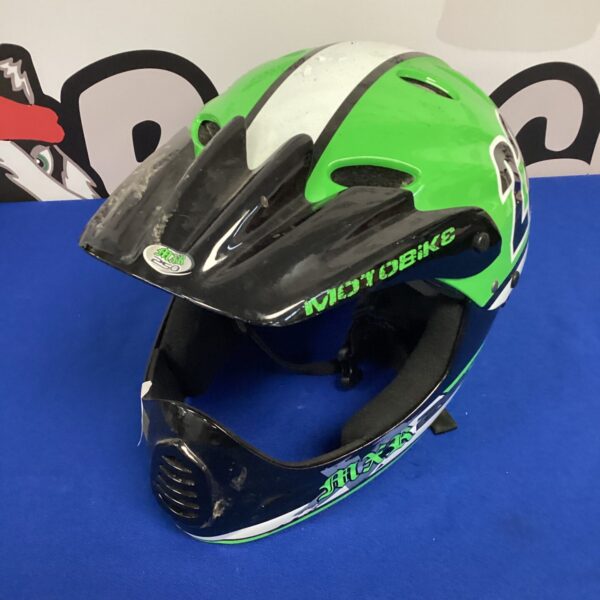 Vintage MXR250 bicycle helmet with motocross styling.