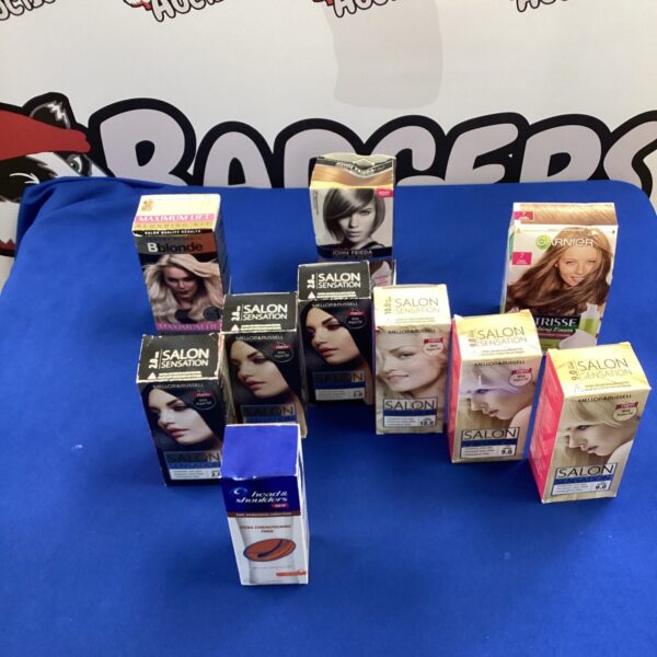 Mixed lot of hair dye including Salon Sensation and John Frieda brands.