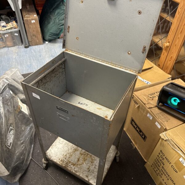 Vintage Westra wheeled trolley box showing wear and tear.
