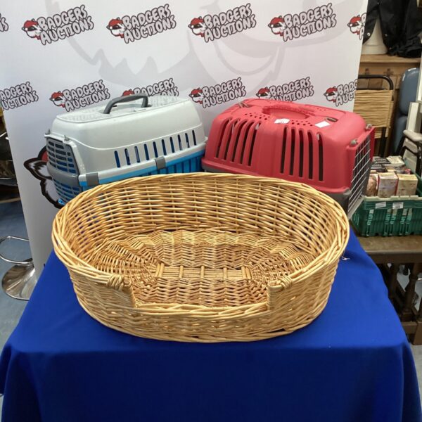 Vintage wicker dog bed, round woven pet furniture.