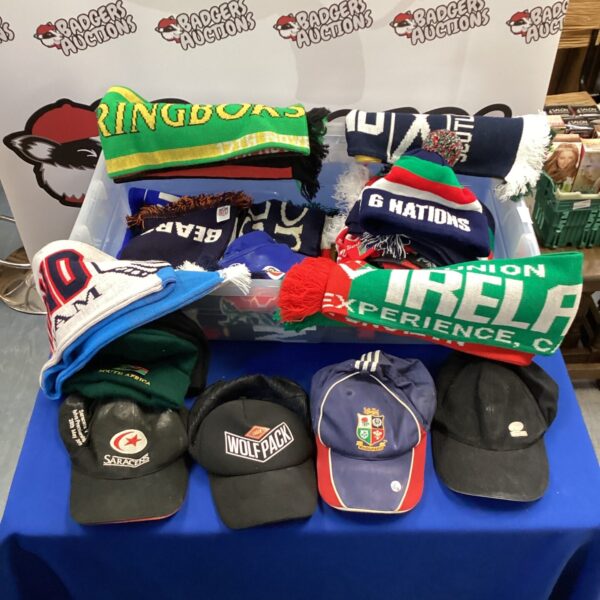 Collection of rugby hats and scarves including 6 Nations and Saracens items.