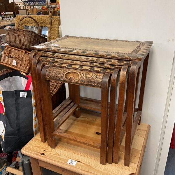 Antique Arts and Crafts tables with pie crust edges and drawers.