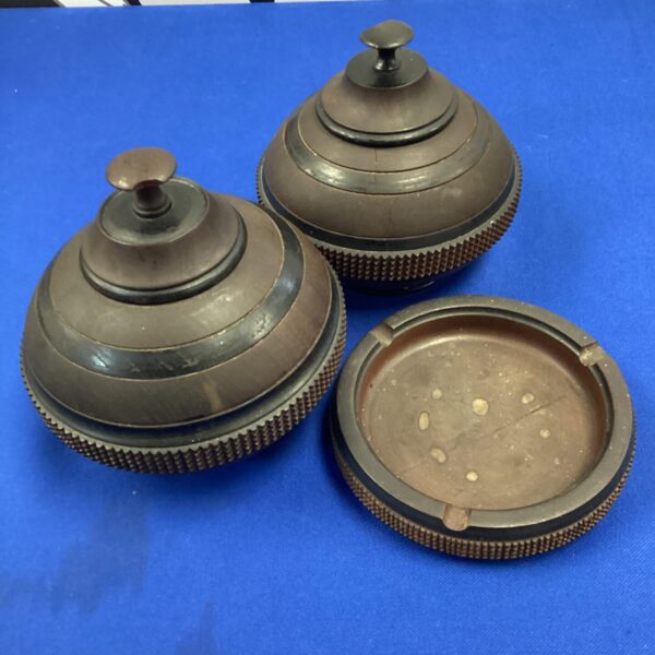 Vintage tobacco jar set with turned wood jars and ashtray.