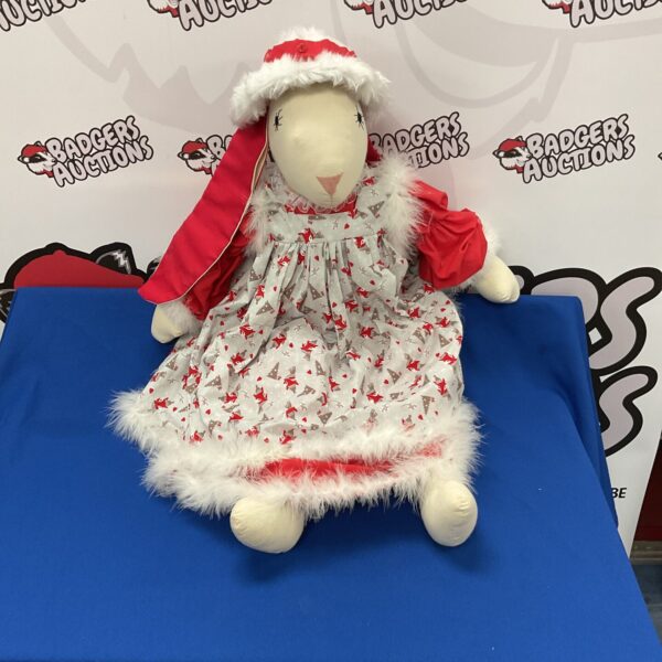 Vintage Christmas bunny doll in red velvet dress.