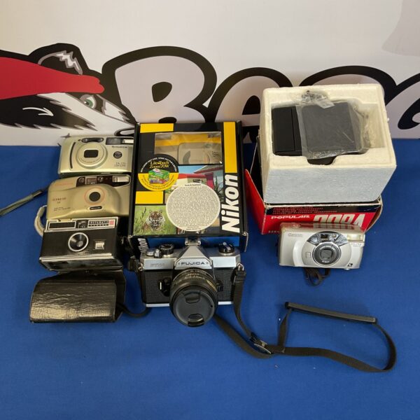 Vintage camera lot featuring Nikon Lite Touch and Fujica STX-1.