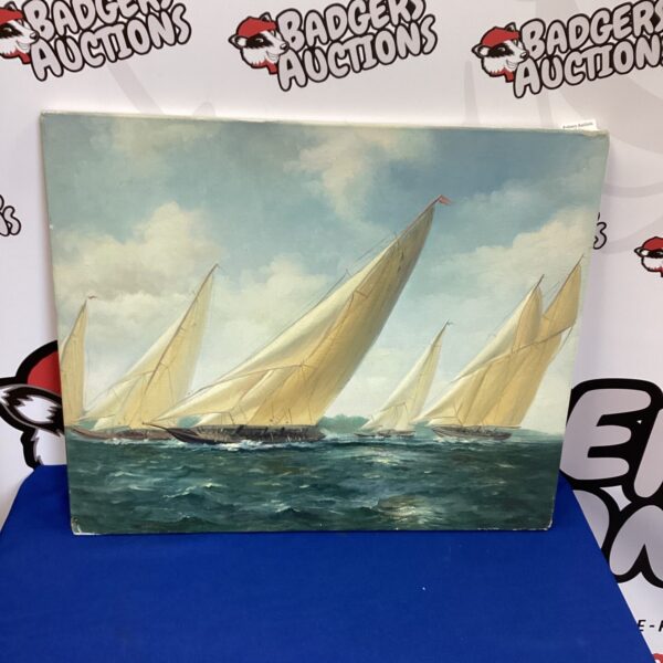 Vintage oil painting of sailing ships at sea, nautical art.