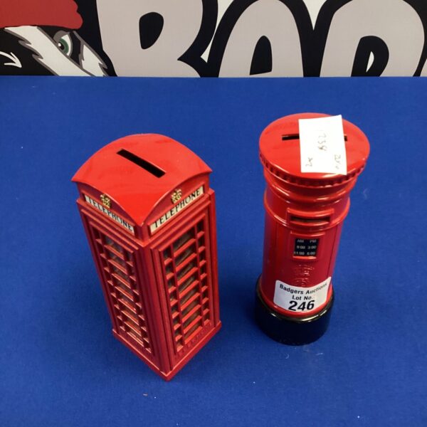 Vintage diecast money boxes, red post box and phone box.