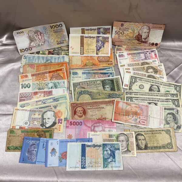 Assorted foreign banknotes collection, world currency notes.