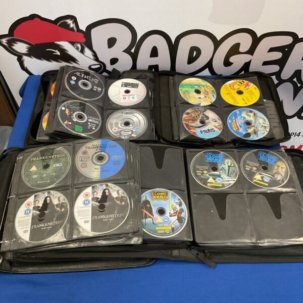 Large collection of DVD film wallets including Disney and Star Wars movies.