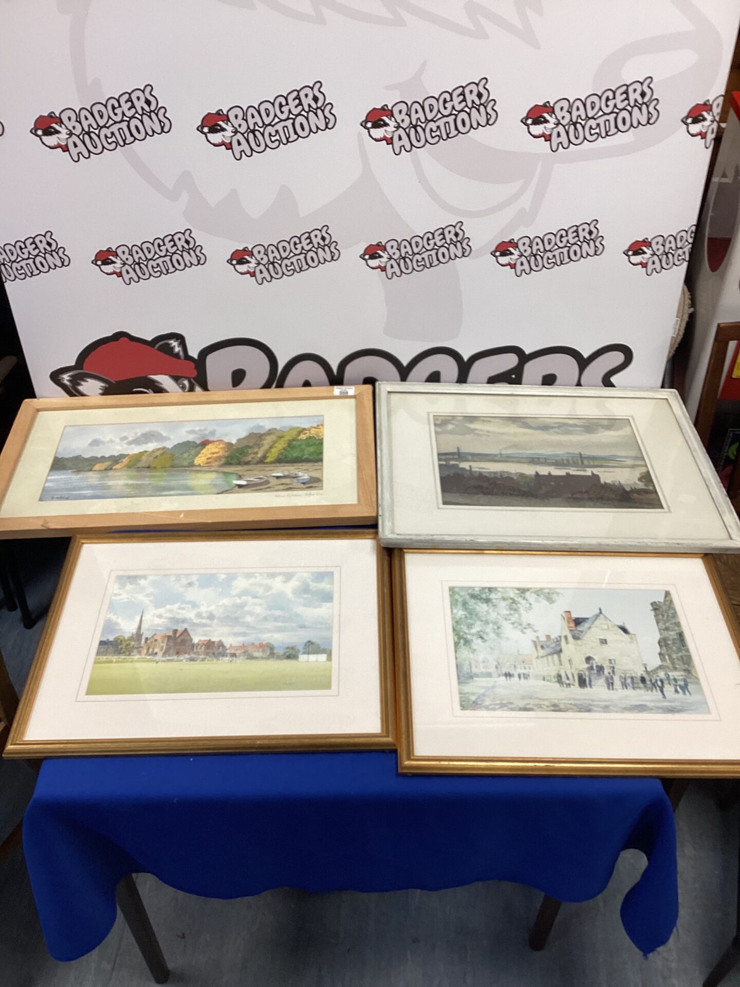 662 Four framed prints & original watercolour by R. Mitchell of autumn reflection, helford river