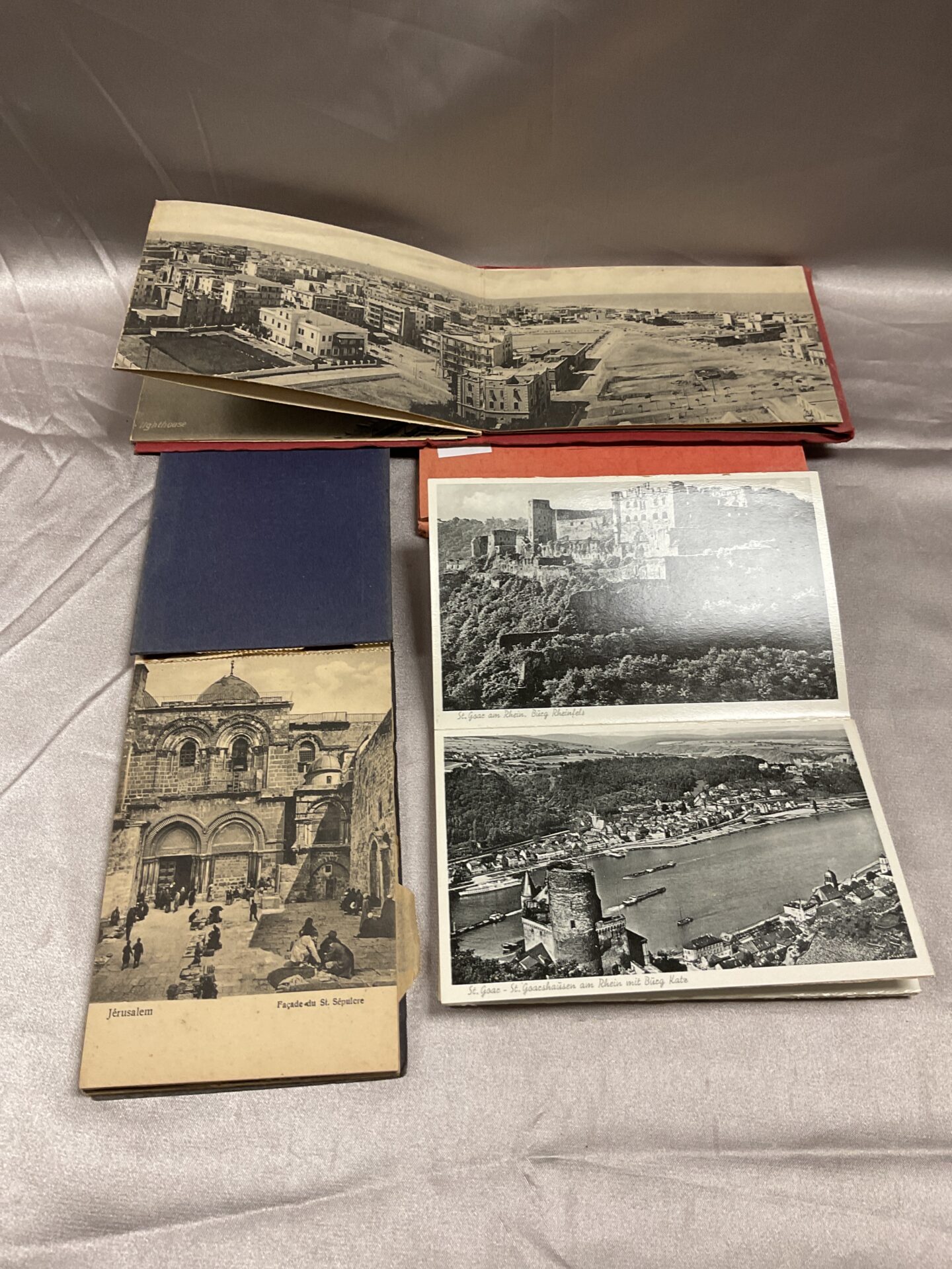 787 three vintage postcard books Port said panoramic view Jerusalem and Der Rhein