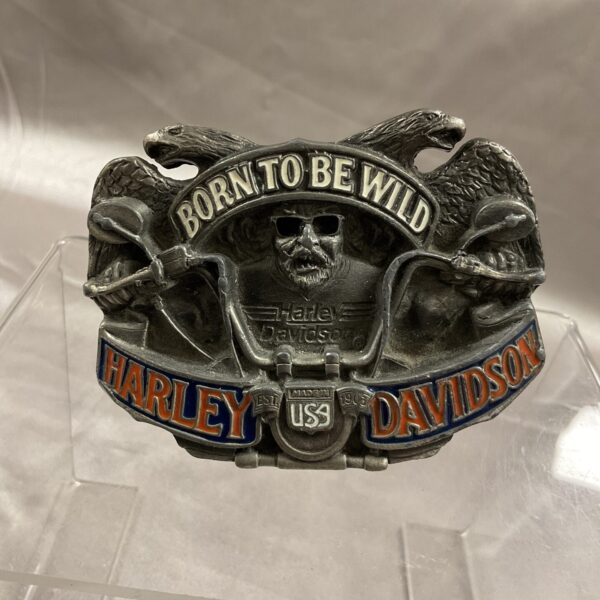 Front view of vintage Harley Davidson "Born to Be Wild" belt buckle.