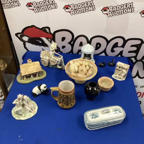 Mixed lot of vintage collectibles including onyx fruit and bowl.