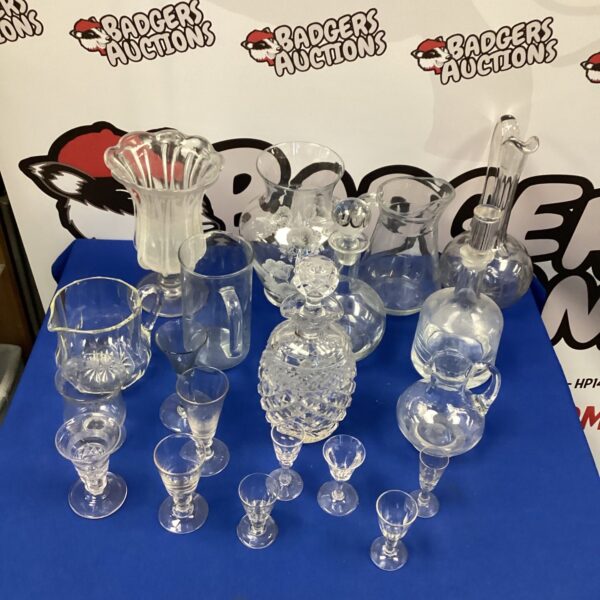 Vintage mixed glassware lot with pineapple decanter for collectors.