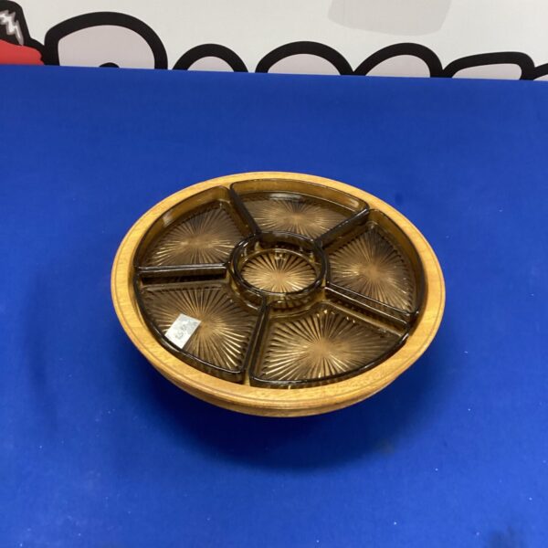 Vintage wooden Lazy Susan serving tray with glass insert.