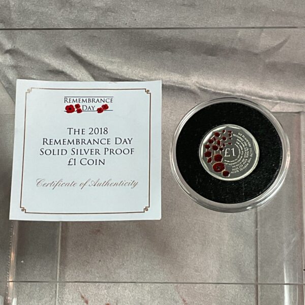2018 Remembrance Day silver proof coin in protective capsule.