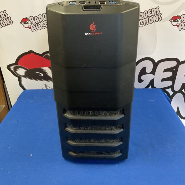 Black CM Storm desktop PC case with mesh front panel.