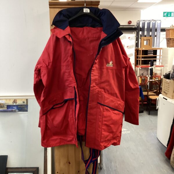 Red Douglas Gill sailing coat and trousers set in size XL.