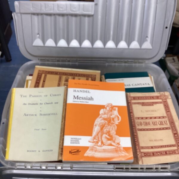Vintage Handel Messiah sheet music collection in a box.