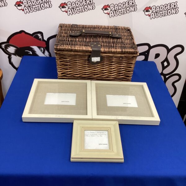 Wicker basket and John Lewis picture frames lot for home decor.
