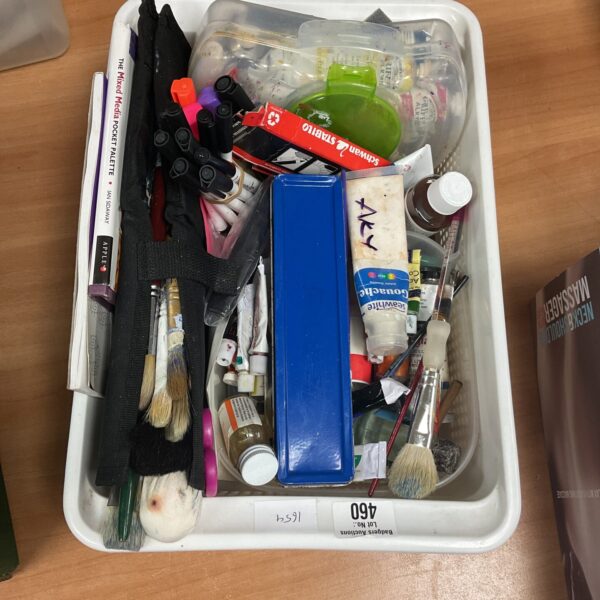Mixed arts and crafts lot with various pens, paints, and drawing tools.