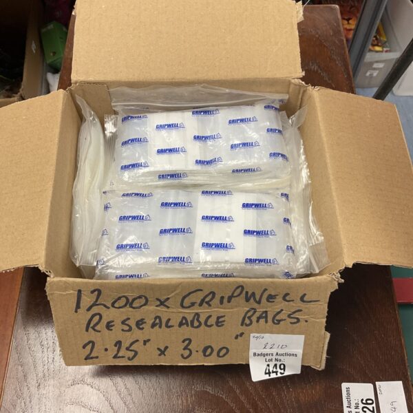 Lot of 1200 Gripwell resealable plastic bags for storage and packaging.