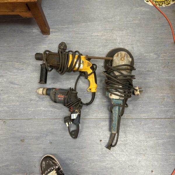 Vintage power drill bundle with Dewalt, Bosch, and disc sander.